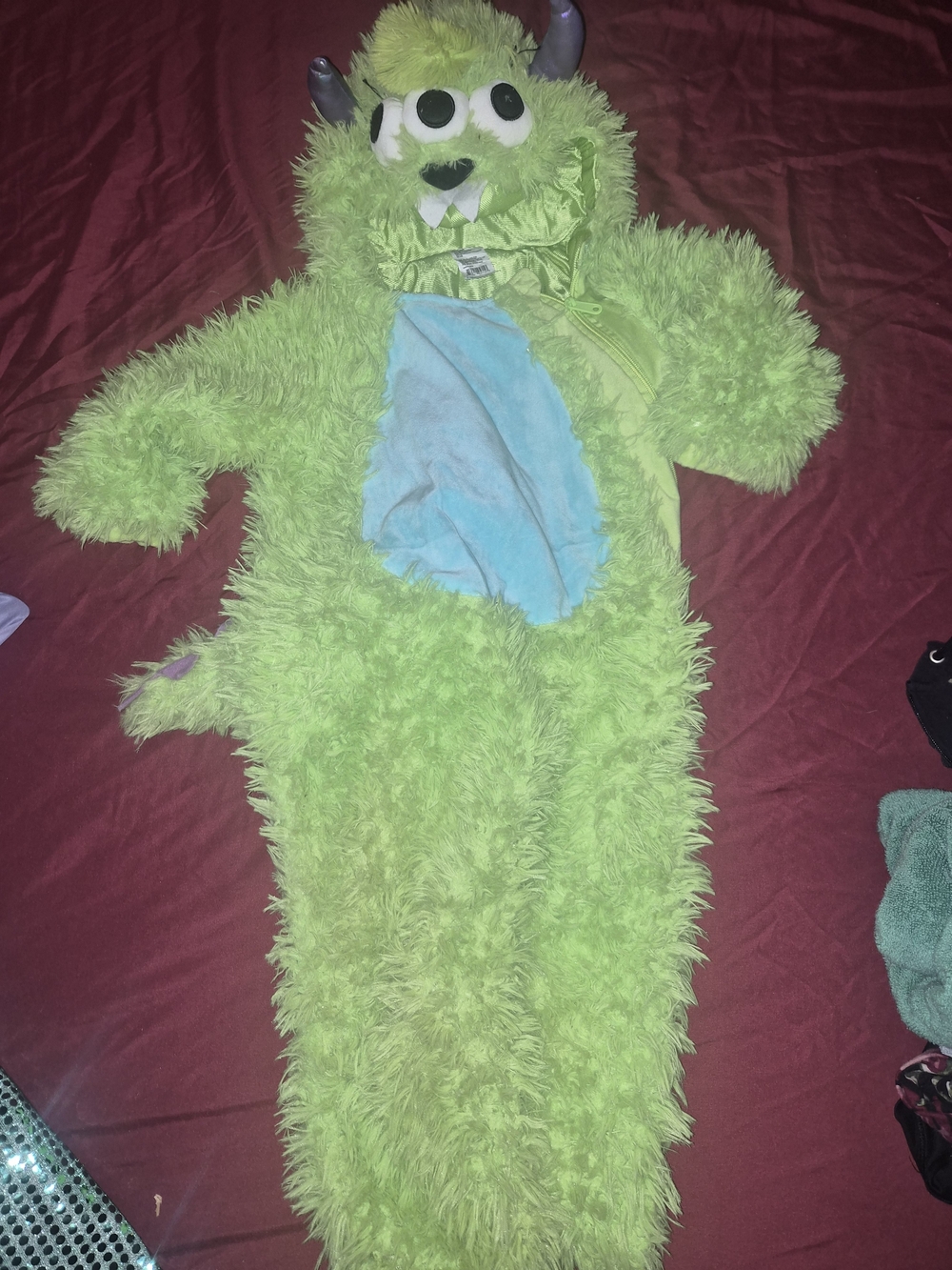 Target Green Monster Halloween Costume 2-3T Fuzzy 3 Eye Horned Jumpsuit